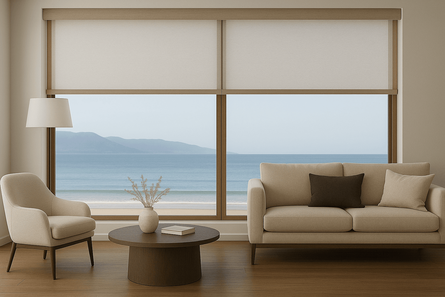 Modern living room with automated shades